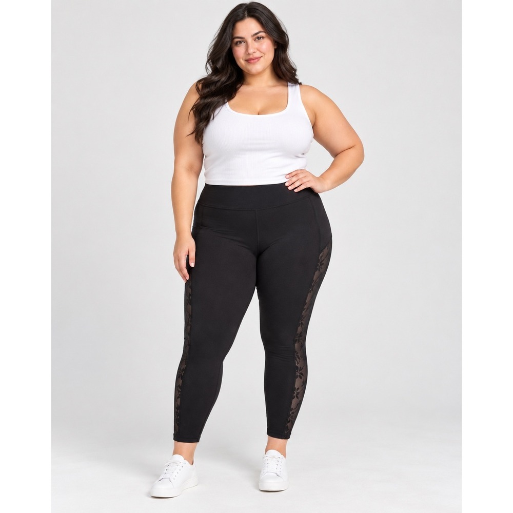Torrid Size 2 Black Leggings Geometric Pattern Mesh Side Panels Pull On Cotton
